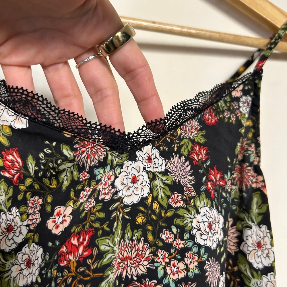 Promod‎ Floral Lace Trim Camisole Top Black Multi Size 2 Excellent